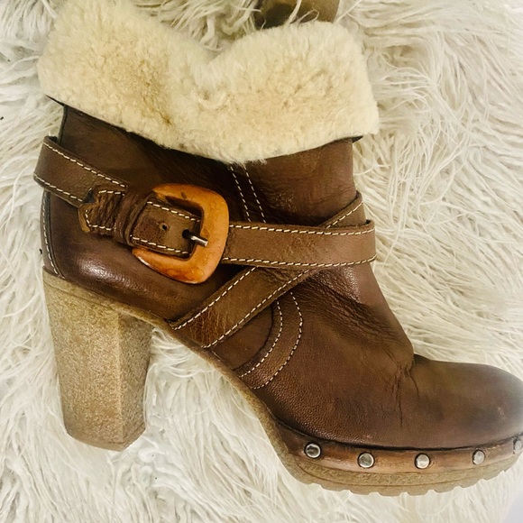 Women’s Manas Brown Leather Fleece Lined Fur Cuff Ankle Boots Studs Block Heel - Picture 2 of 11
